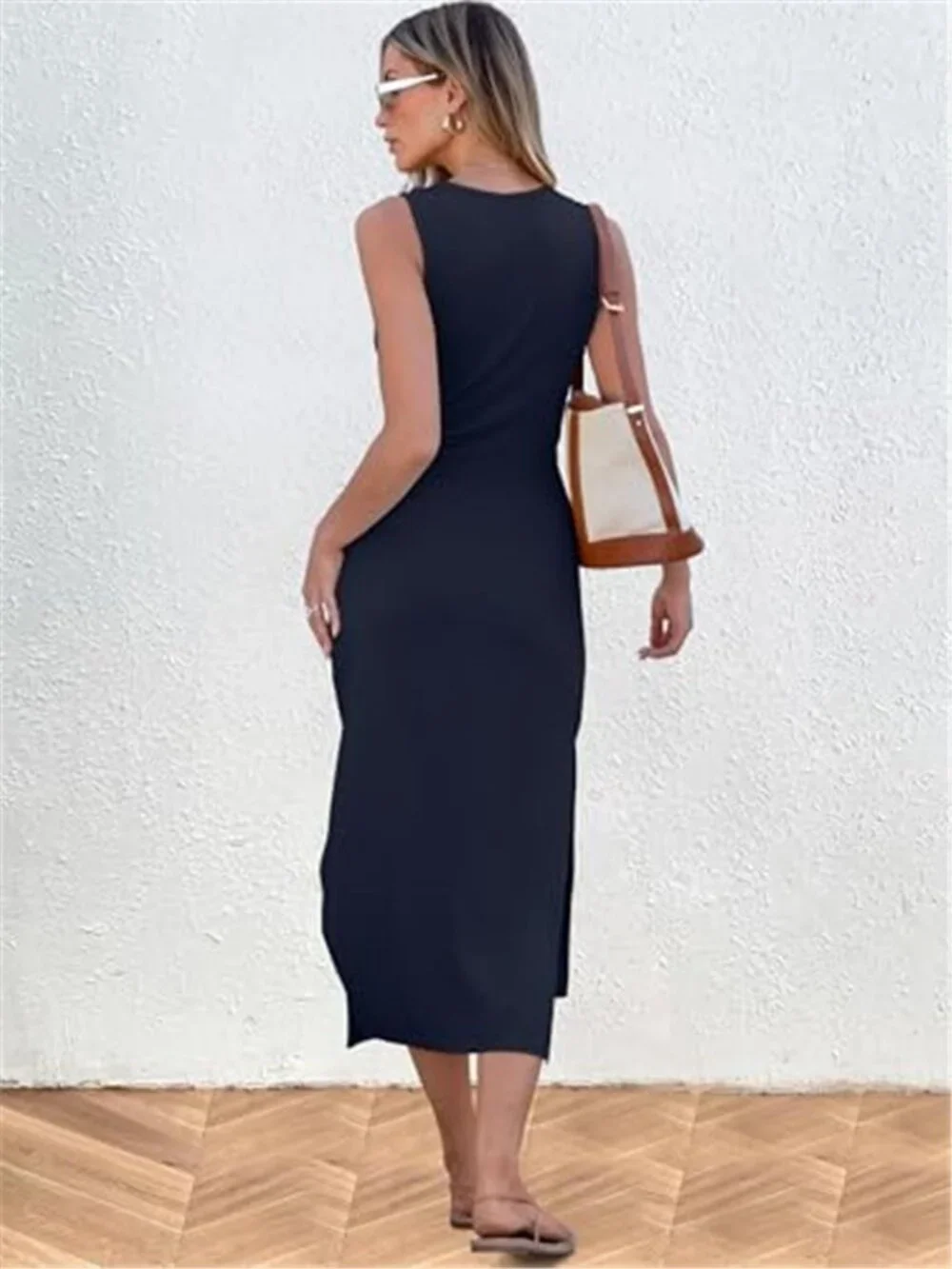 Women's Summer Casual Sleeveless T Shirt Midi Dress Slim Fit Tie Waist